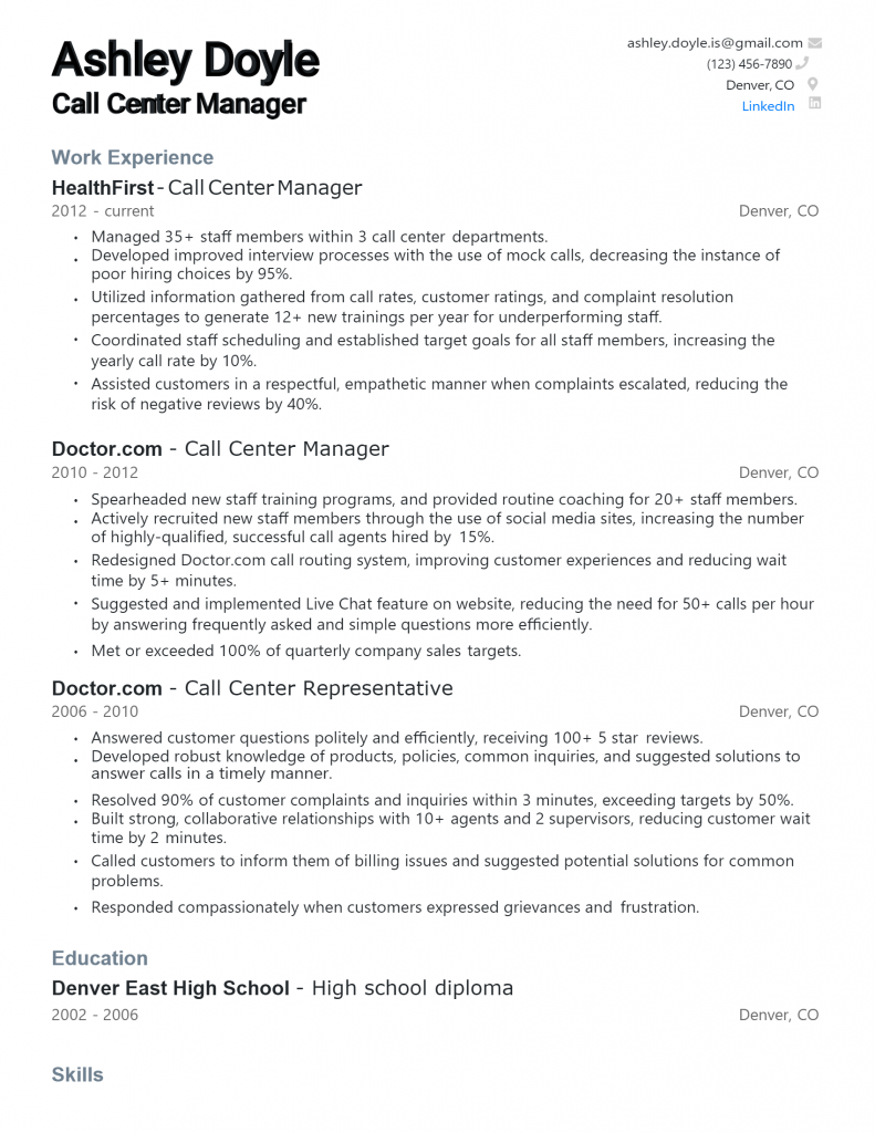 Call Center Manager Resume .Docx (Word)