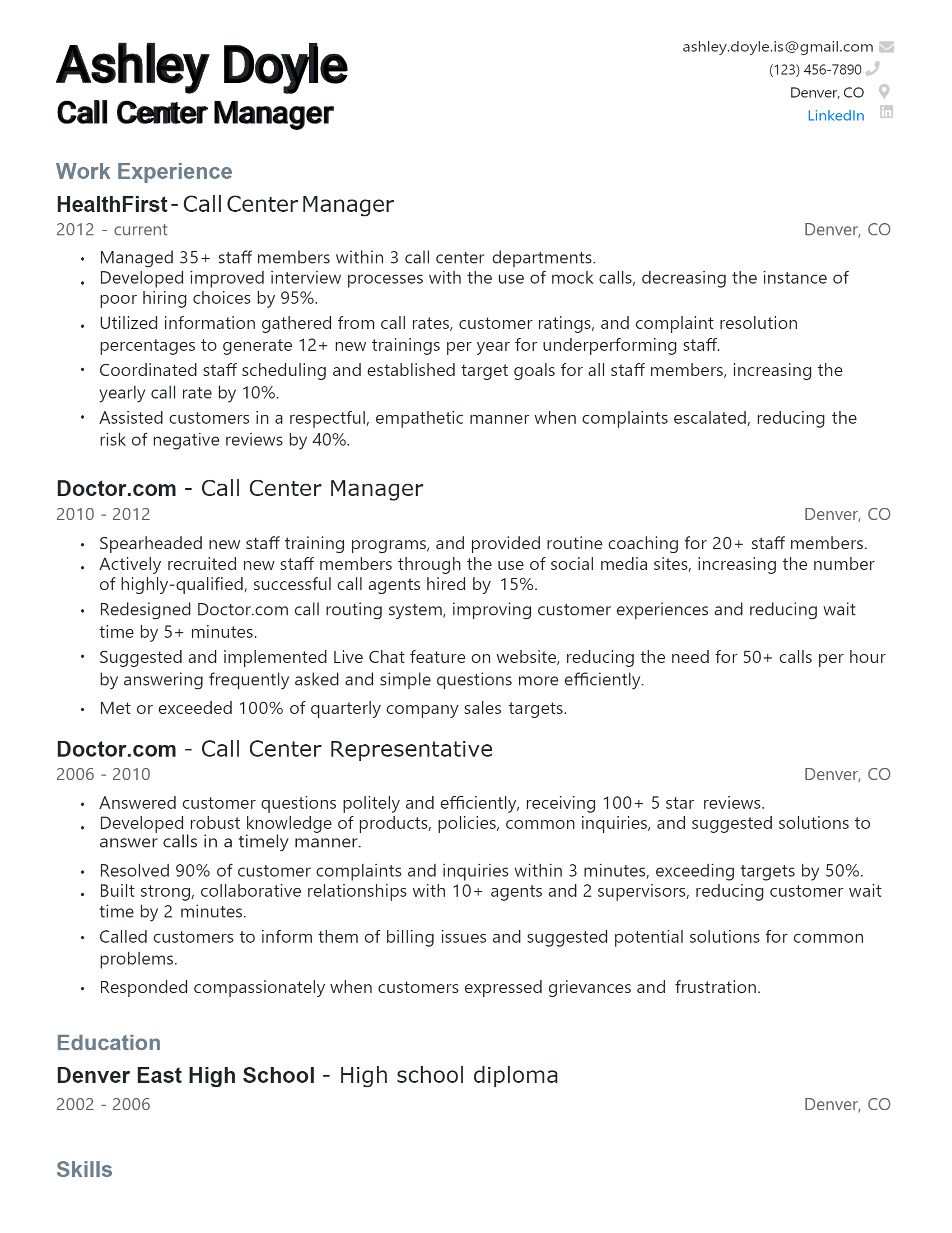 sample resume for call center manager