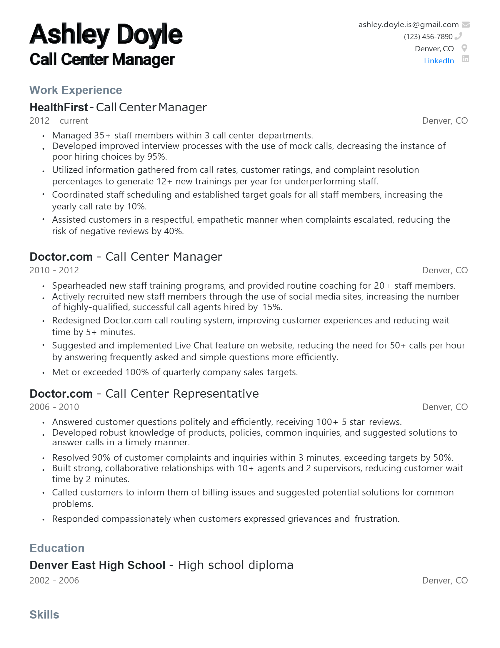 call center resume sample doc