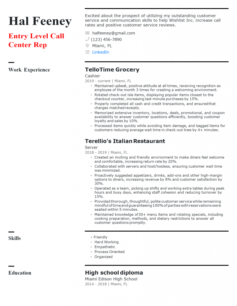 Entry-level Call Center Representative Resume .Docx (Word)