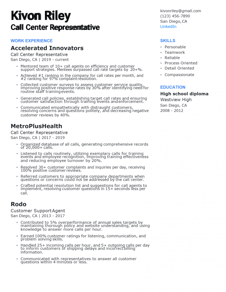 Download Free Call Center Representative Resume .Docx (Word) Template ...