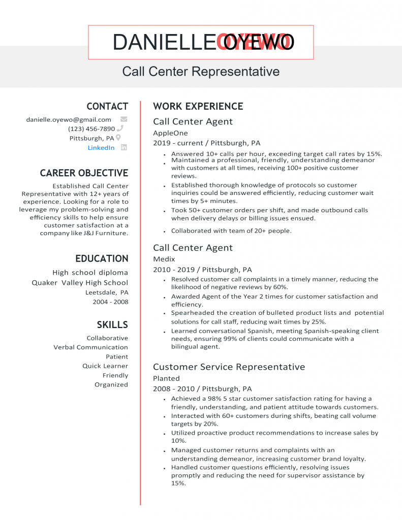 resume template call center agent