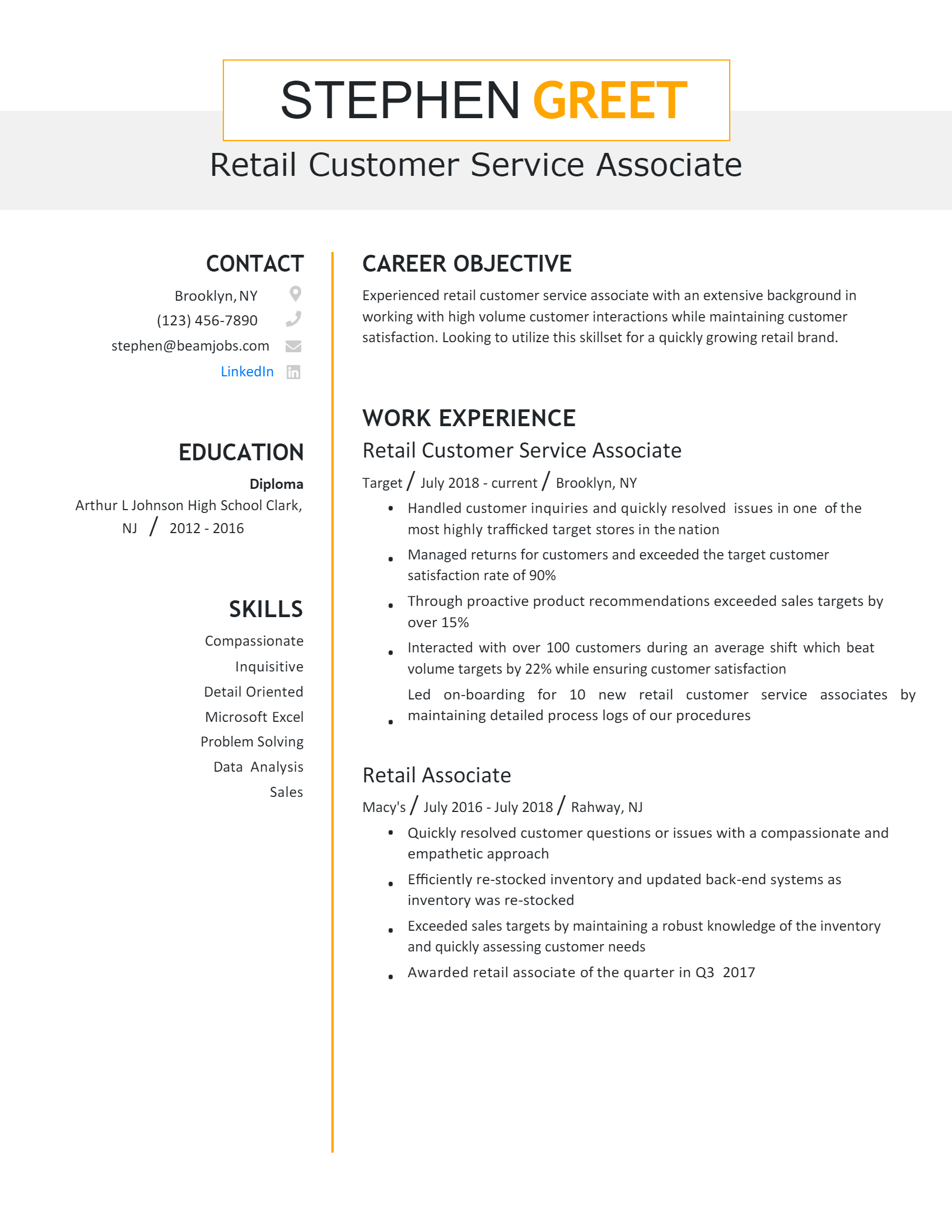 Retail Customer Service Resume .Docx (Word)