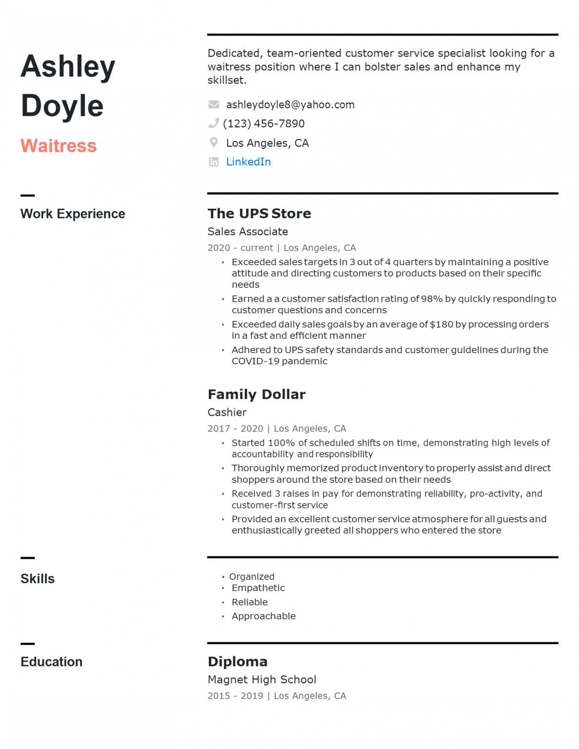 sample resume for waitress with no experience