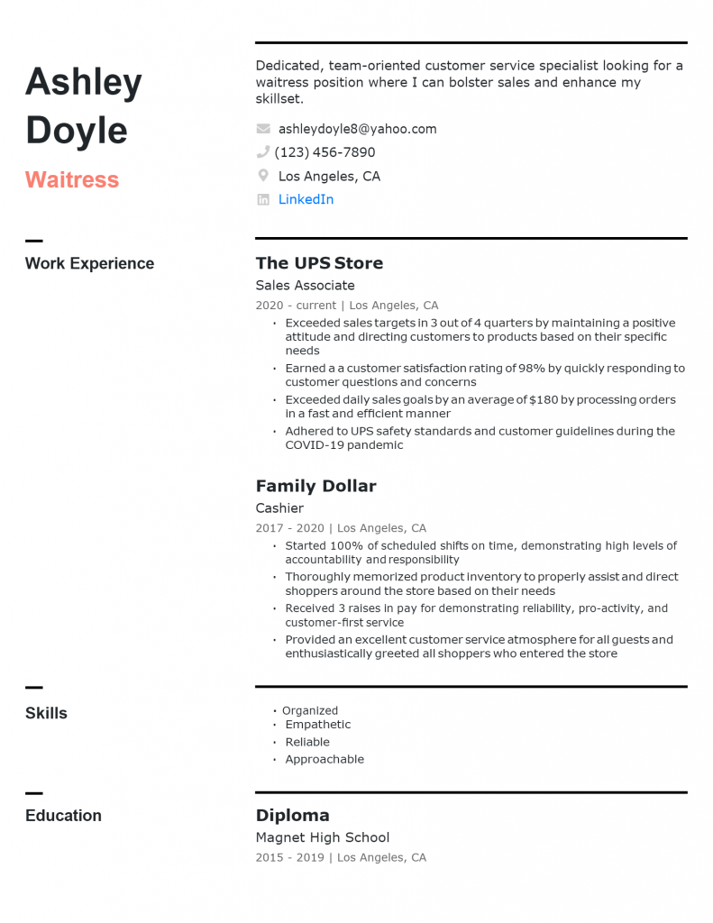 No-Experience Waitress Resume .Docx (Word)