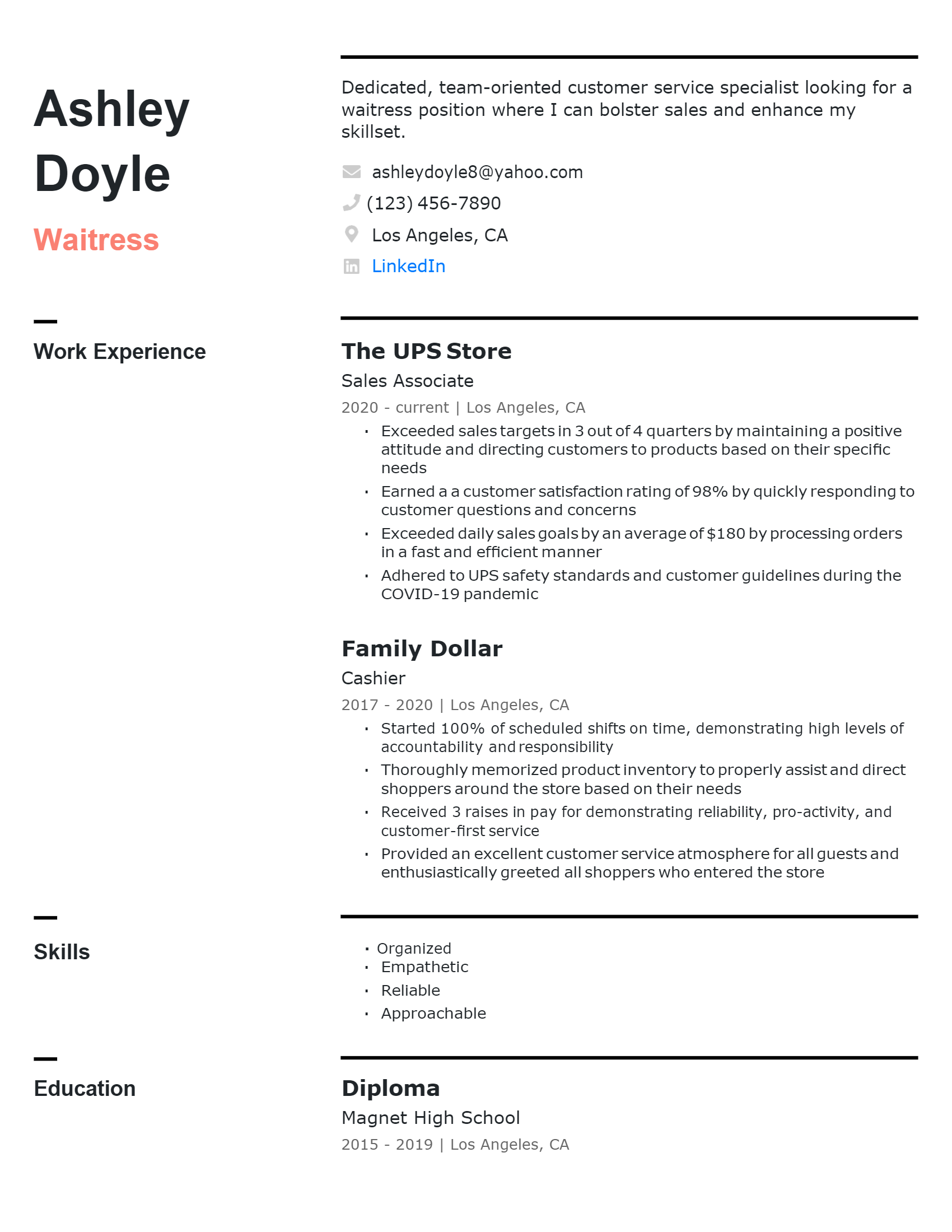 No-Experience Waitress Resume .Docx (Word)