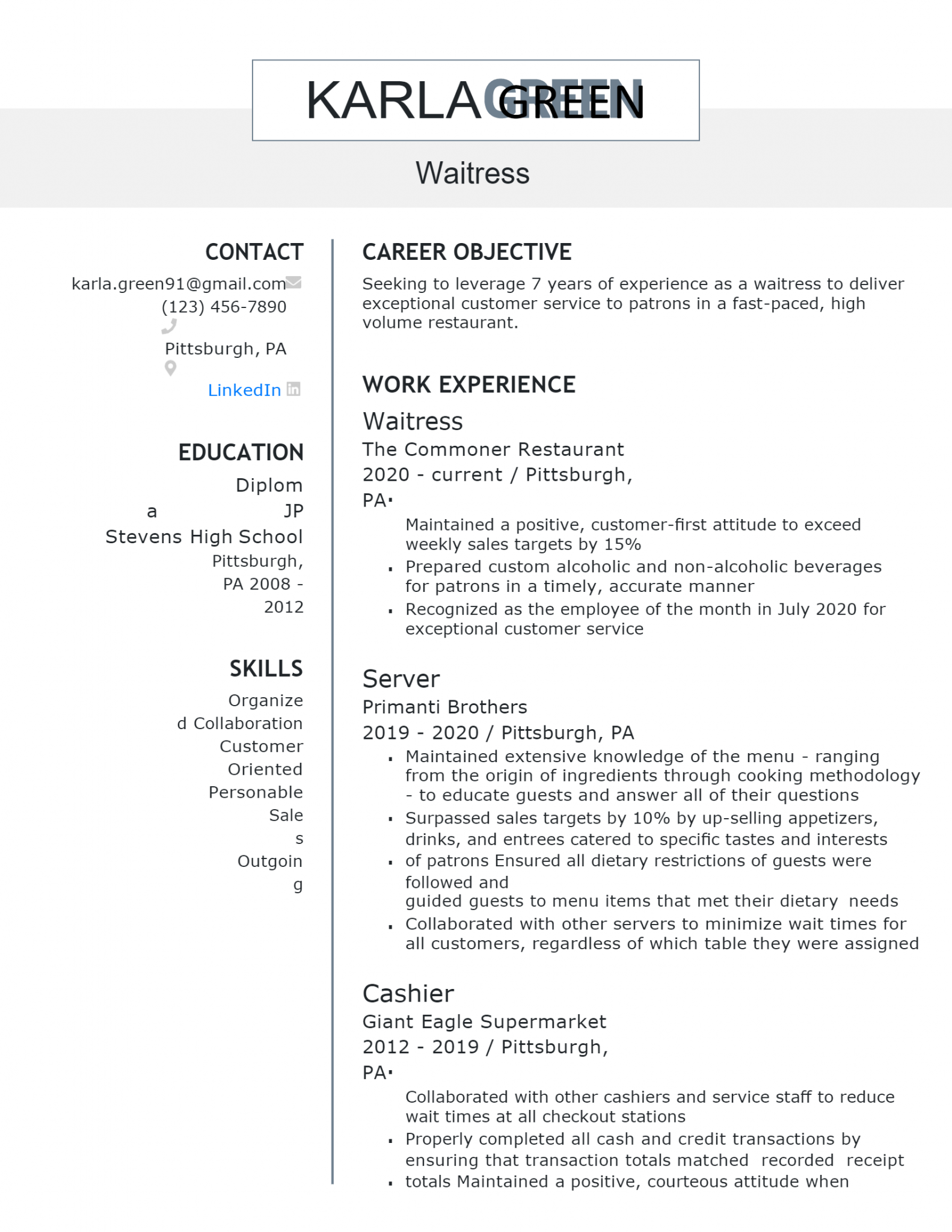 Download Free Waitress .Docx (Word) Template on