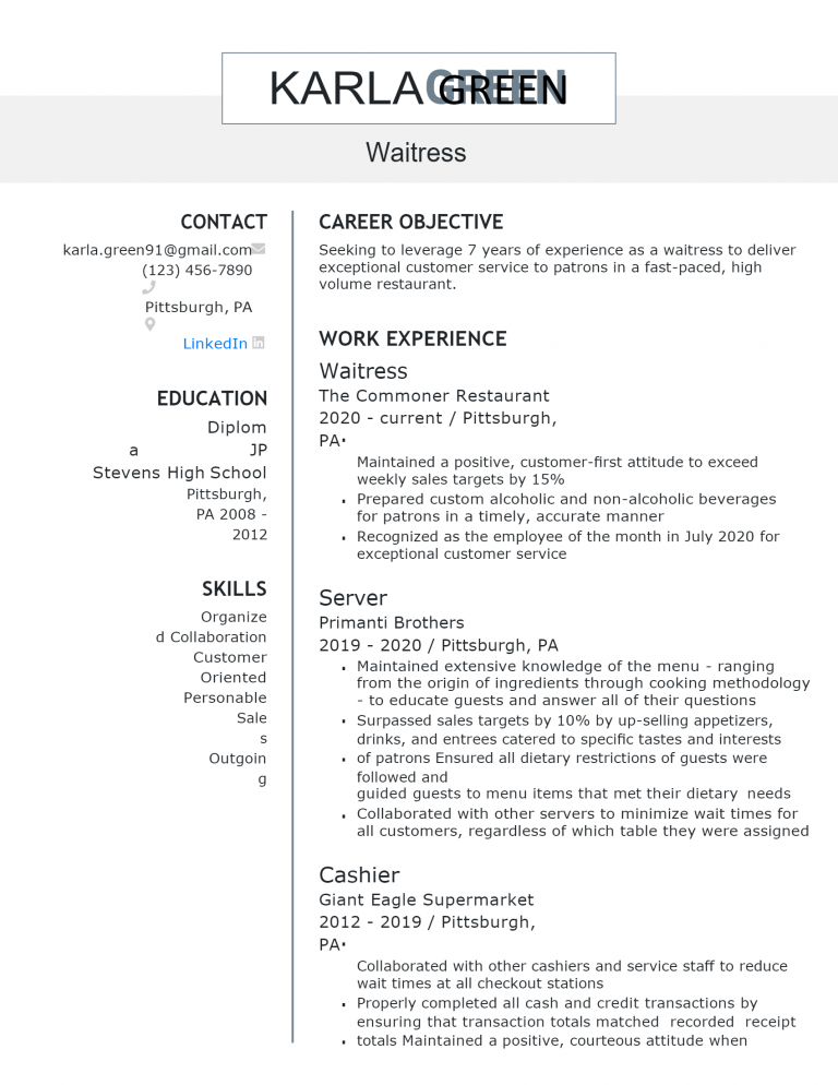 Waitress Form Download Free Waitress .Docx (Word) Template on ResumeThatWorks.com