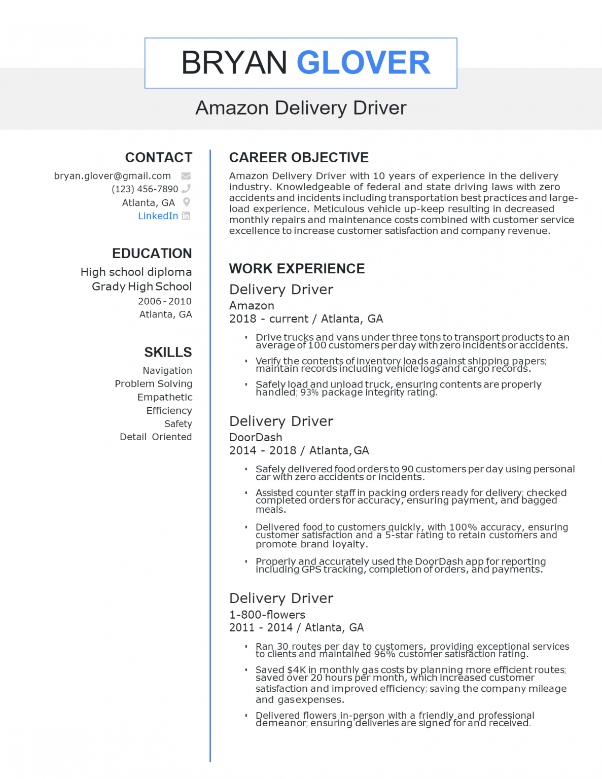 resume job description for delivery driver