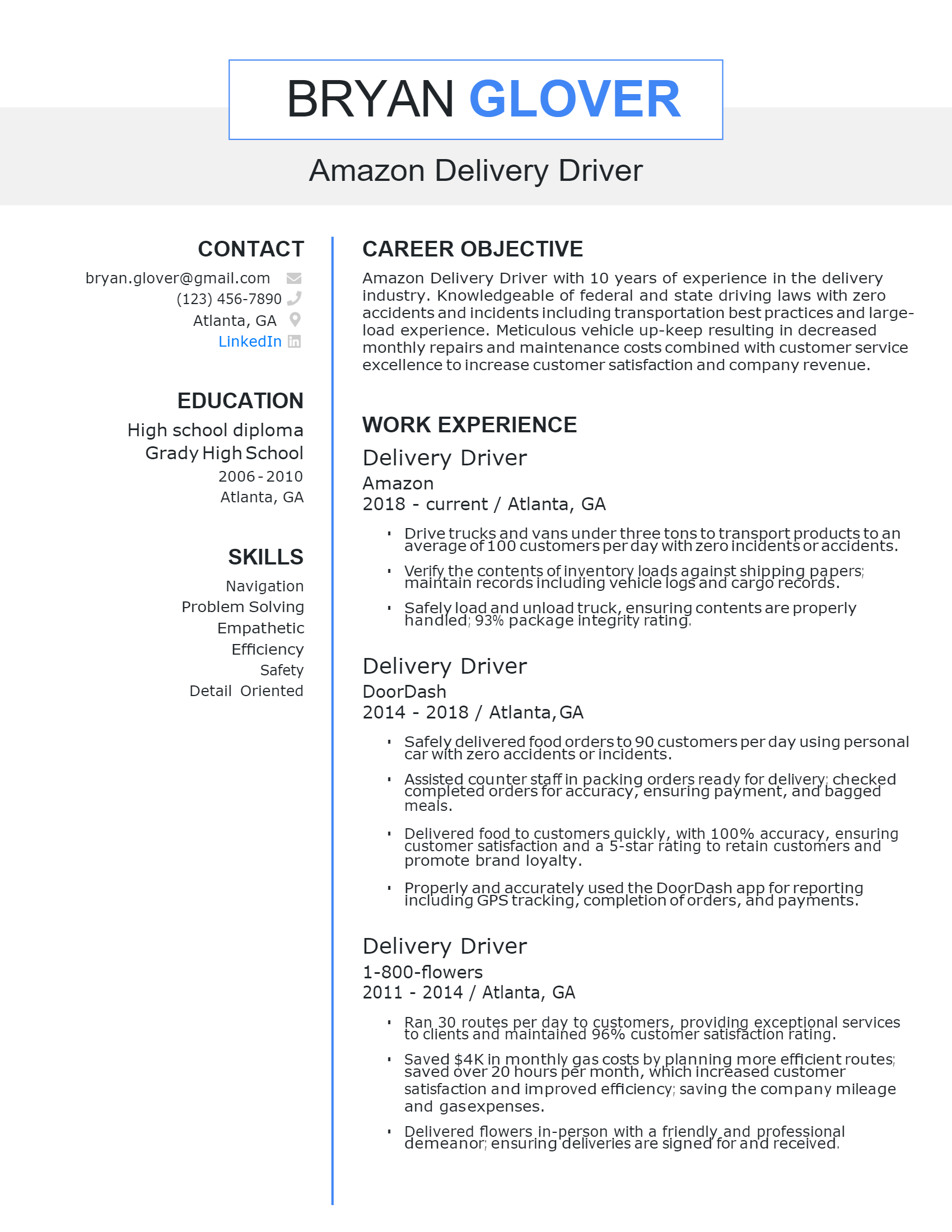 Amazon Delivery Driver Resume .Docx (Word) .Docx (Word)