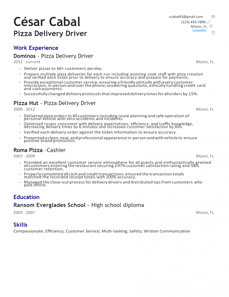 pizza delivery driver job description for resume