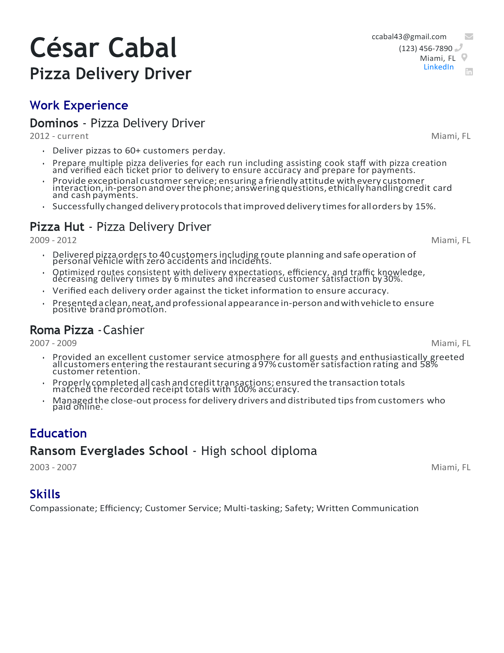 Pizza Delivery Driver Resume .Docx (Word)