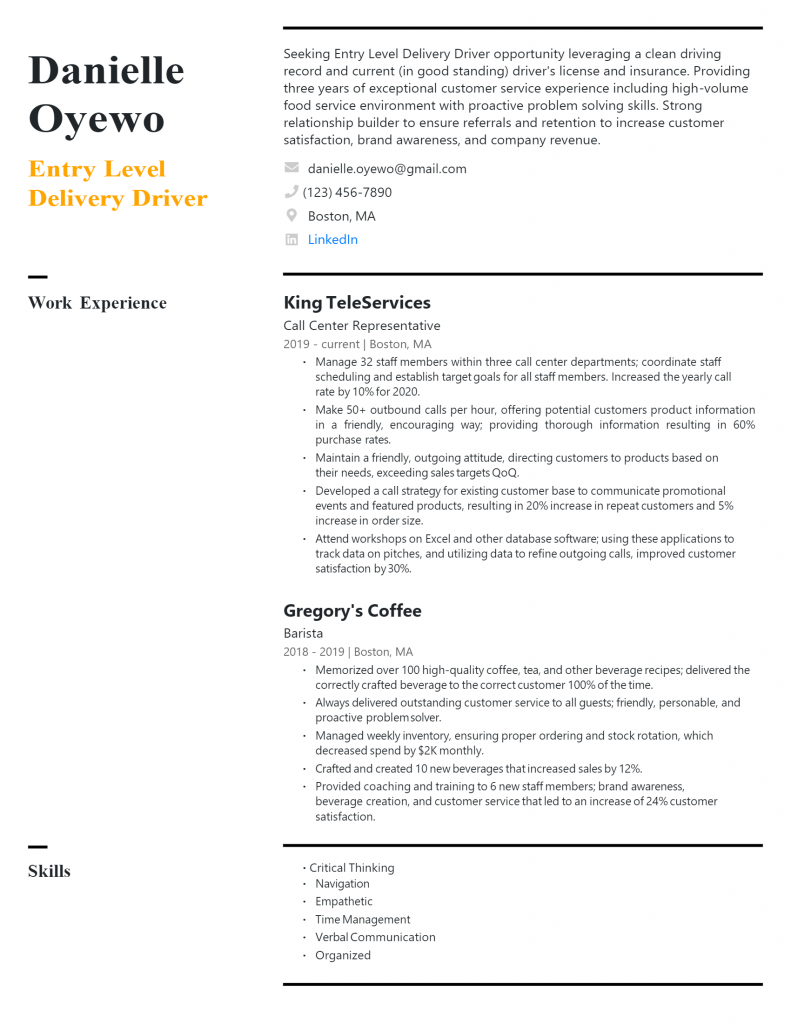 Entry-level Delivery Driver Resume .Docx (Word)