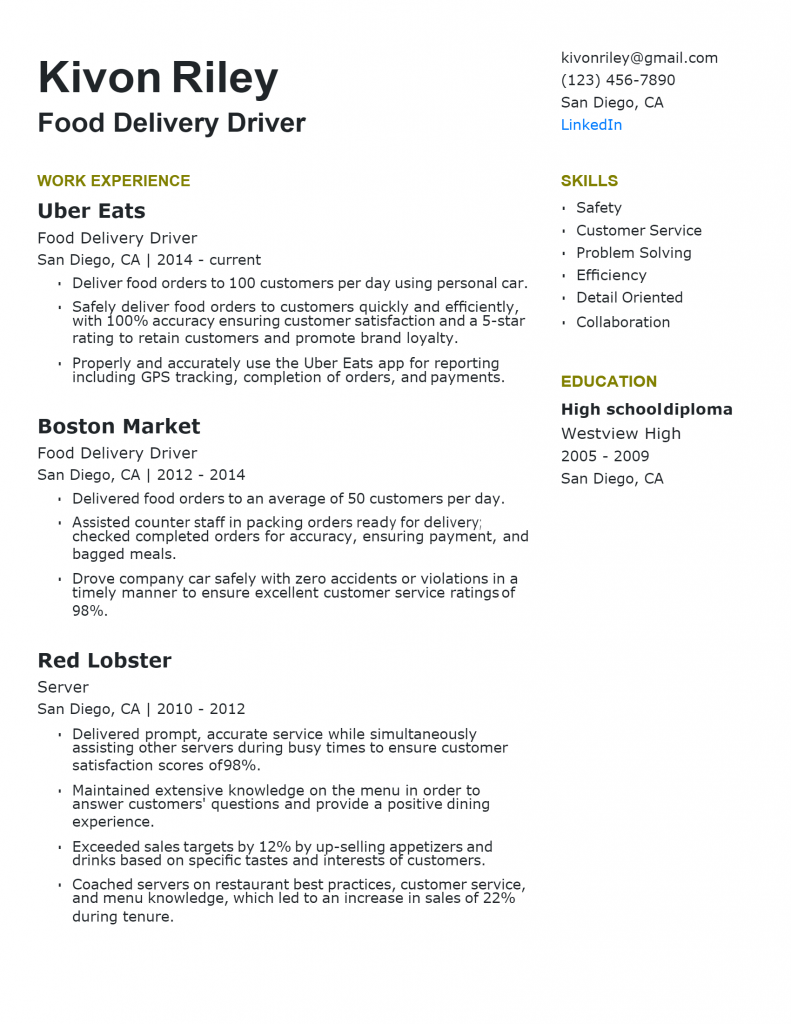 Food Delivery Driver Resume .Docx (Word)