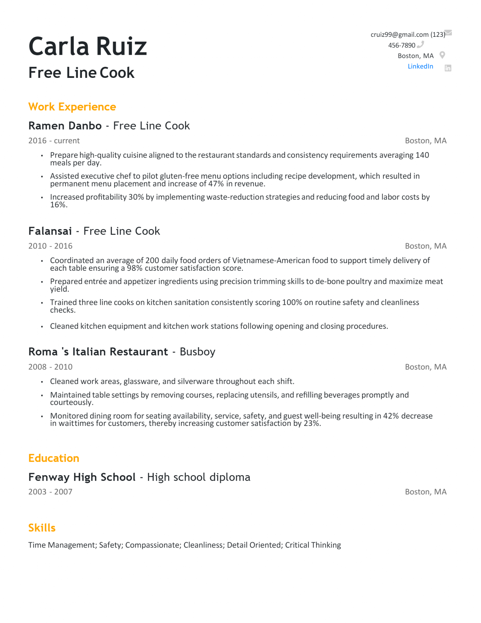 Download Free Free Line Cook Resume Docx (Word) Template on