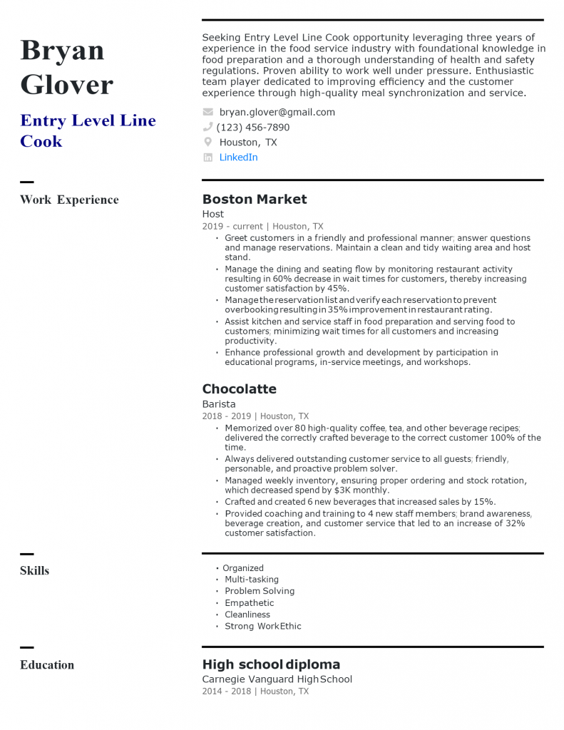 Entry-level Line Cook Resume .Docx (Word)