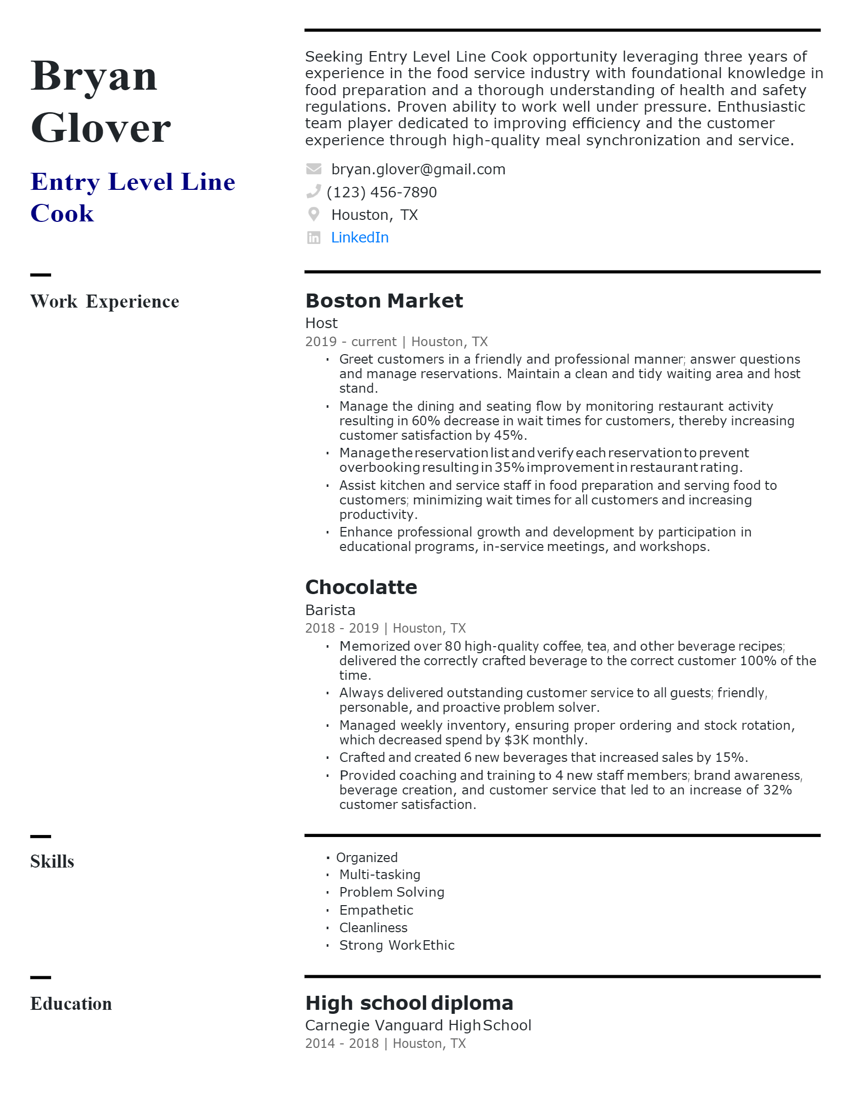 Download Free Entry level Line Cook Resume Docx Word Template On 