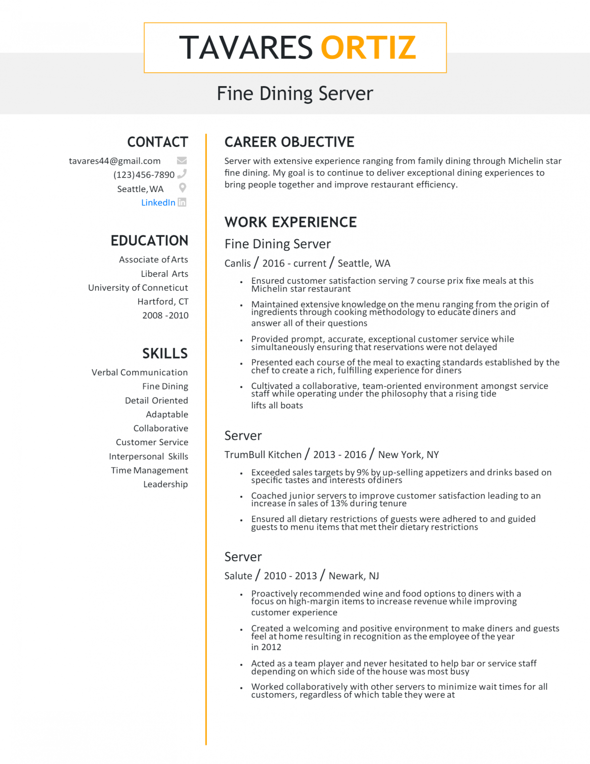 Download Free Fine Dining Server Resume Docx Word Template On 