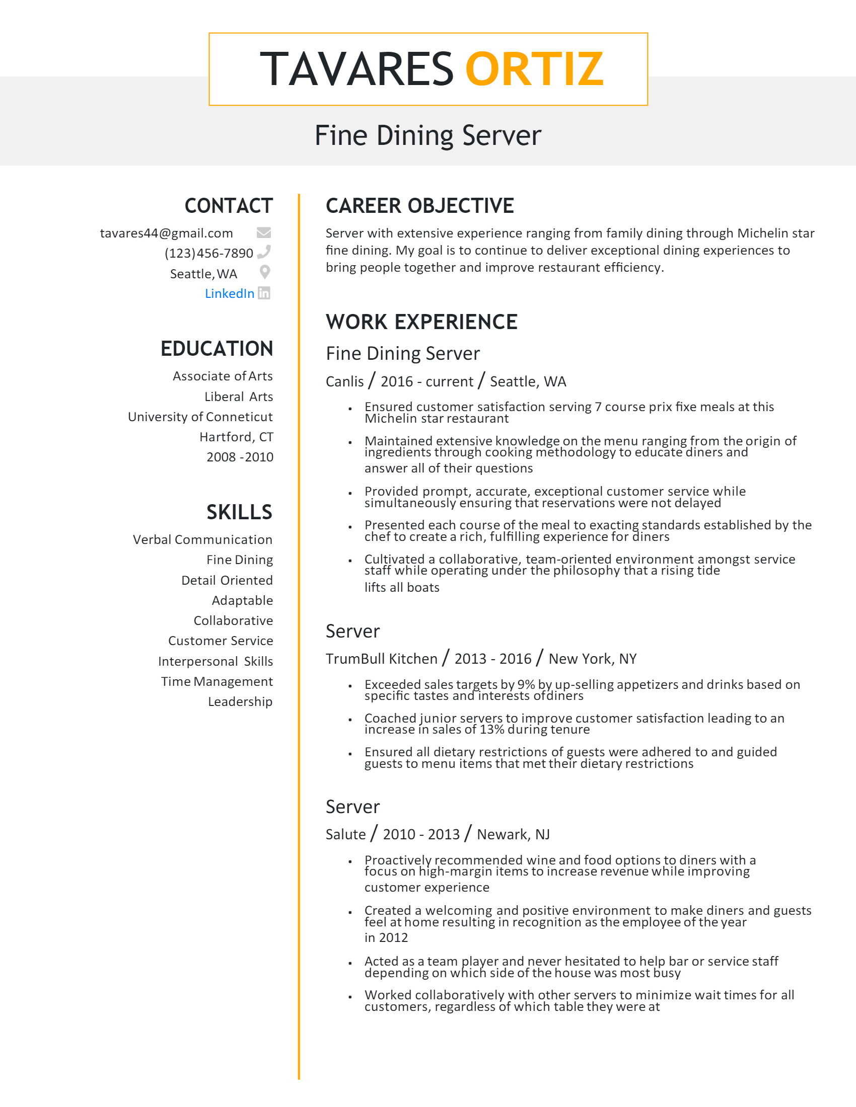 Fine Dining Server Resume .Docx (Word)