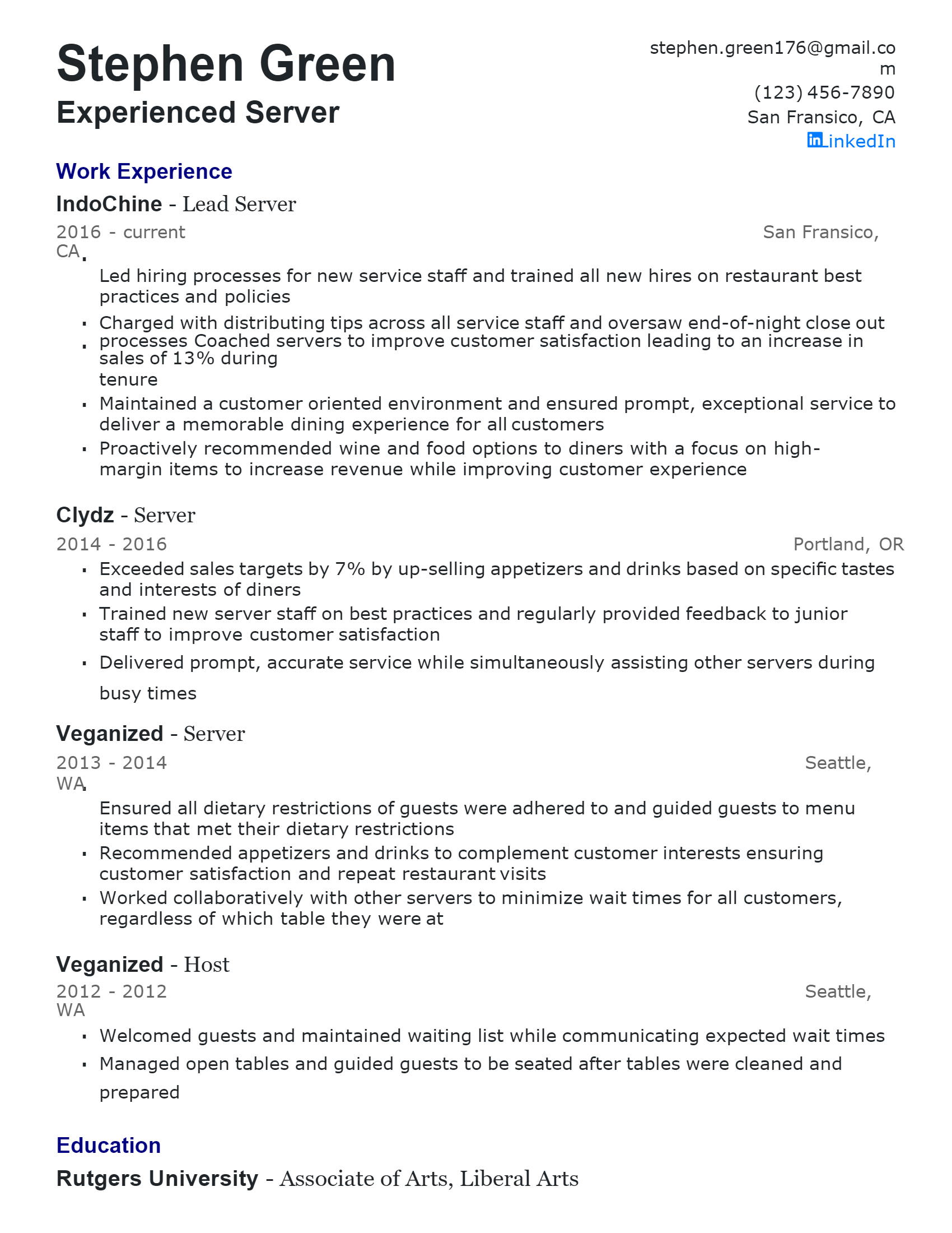 Experienced Server Resume .Docx (Word)