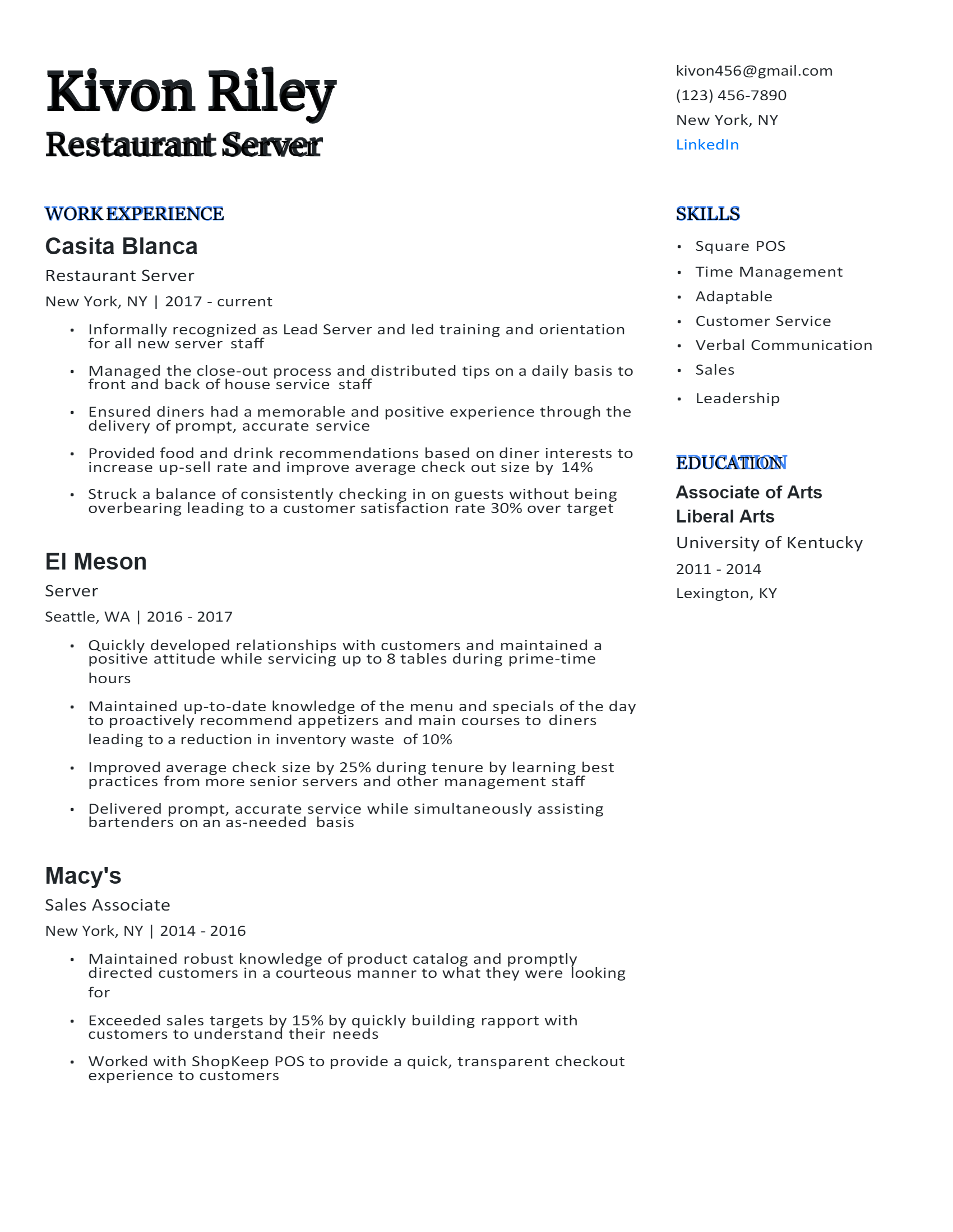 Experienced Restaurant Server Resume .Docx (Word)
