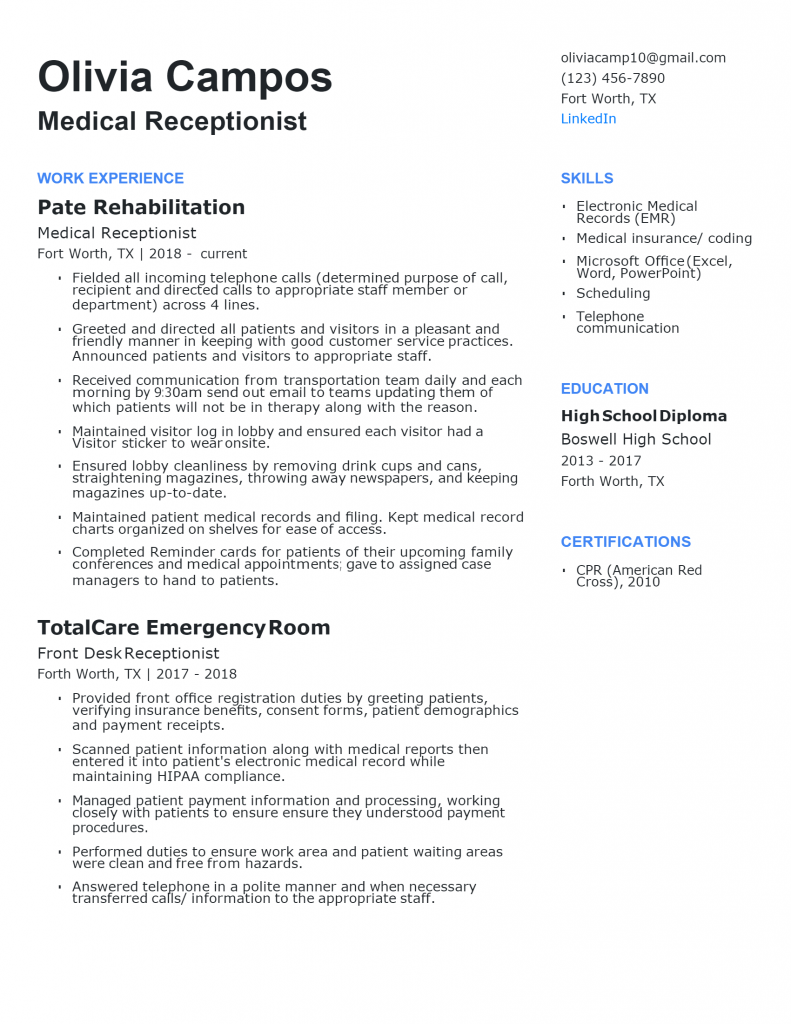 Experienced Medical Receptionist .Docx (Word)