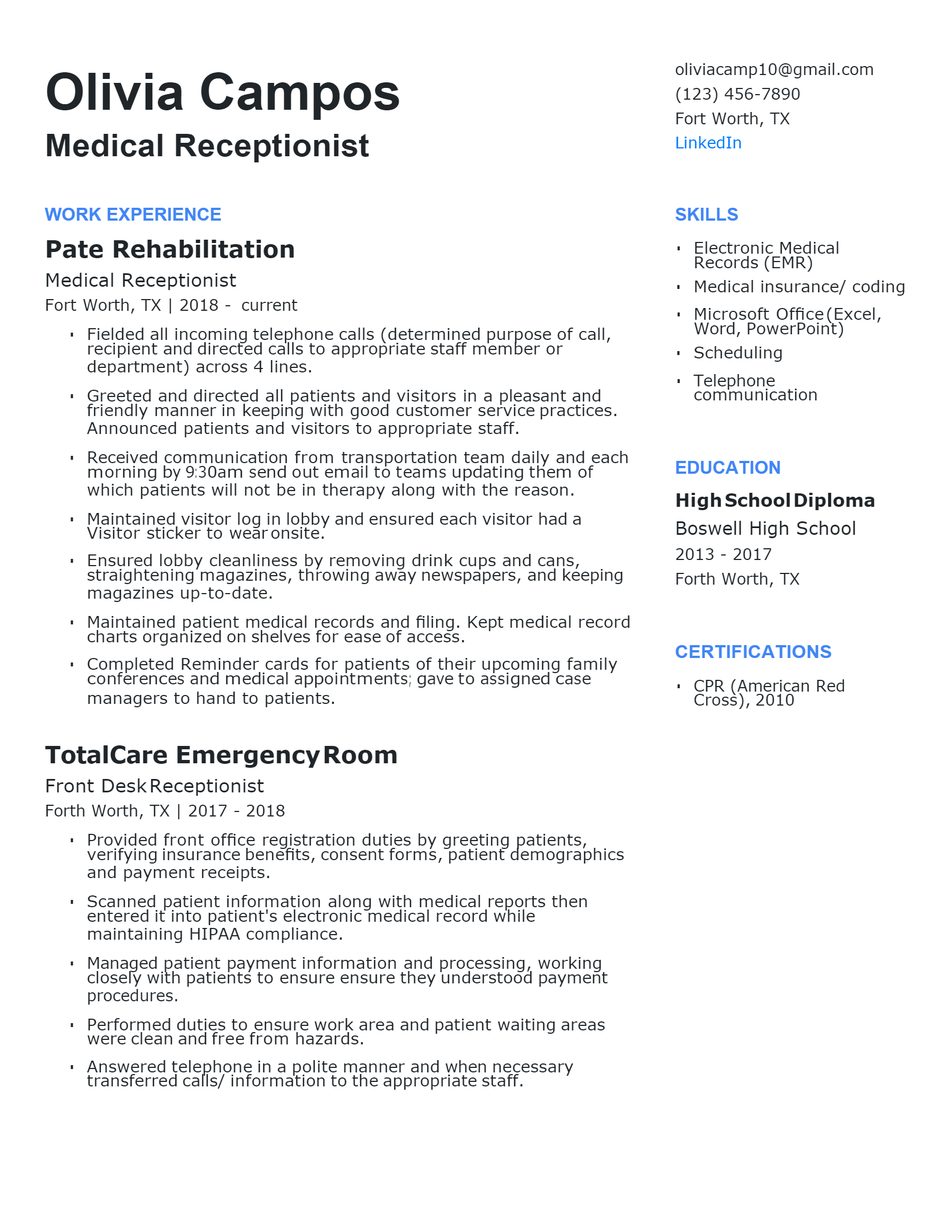 Experienced Medical Receptionist .Docx (Word)