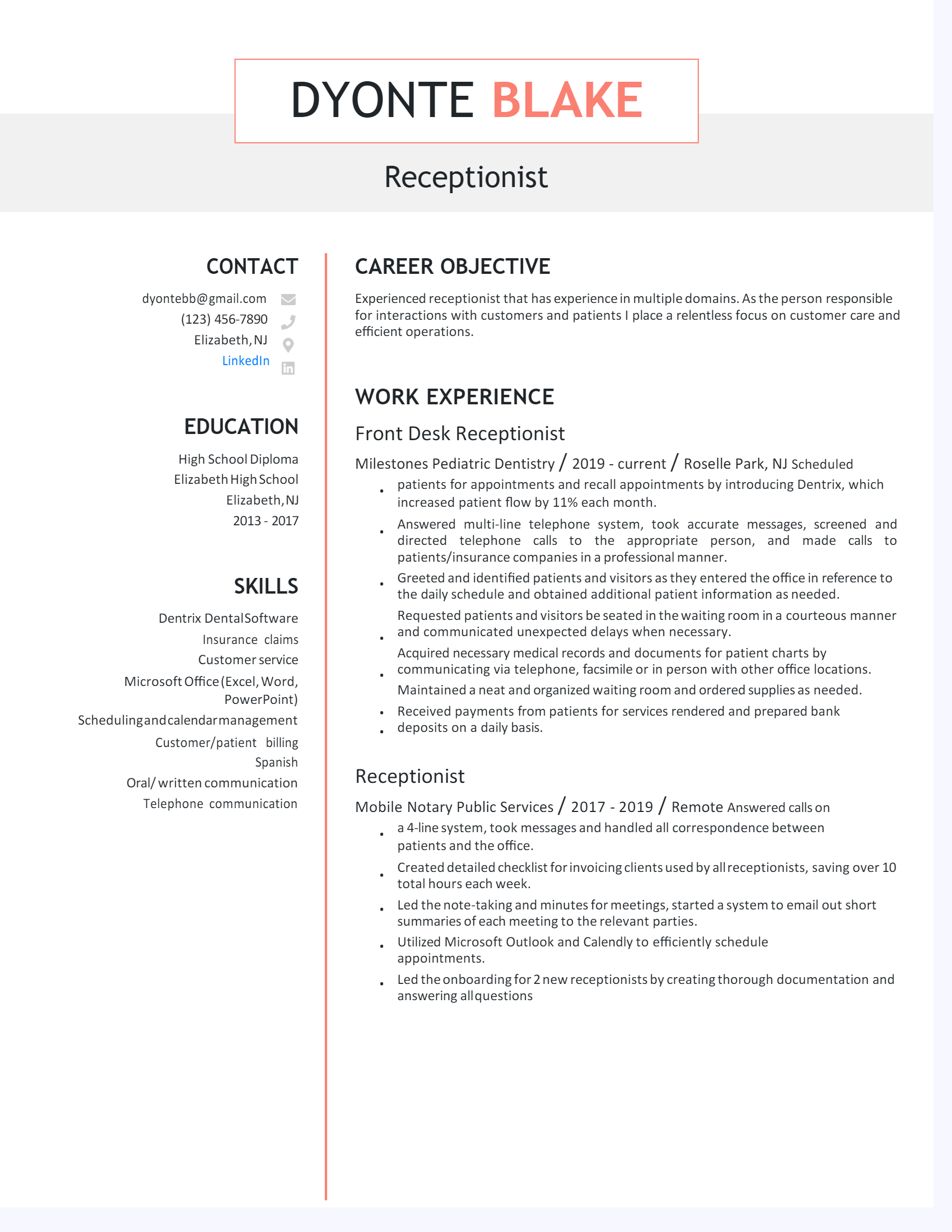 Receptionist Resume .Docx (Word)