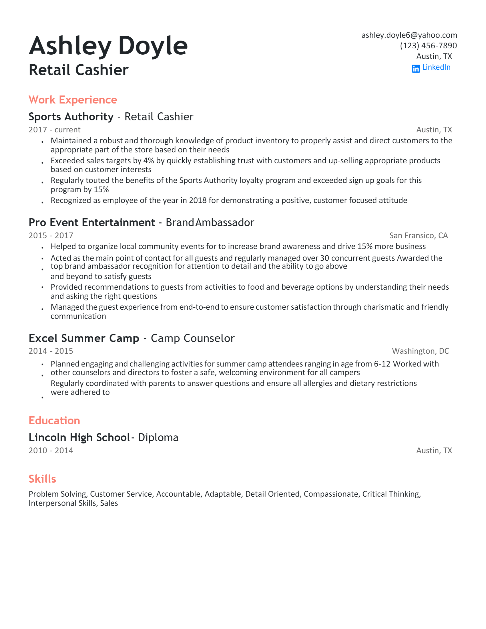 Download Free Retail Cashier Resume Docx Word Template On Resumethatworks Com