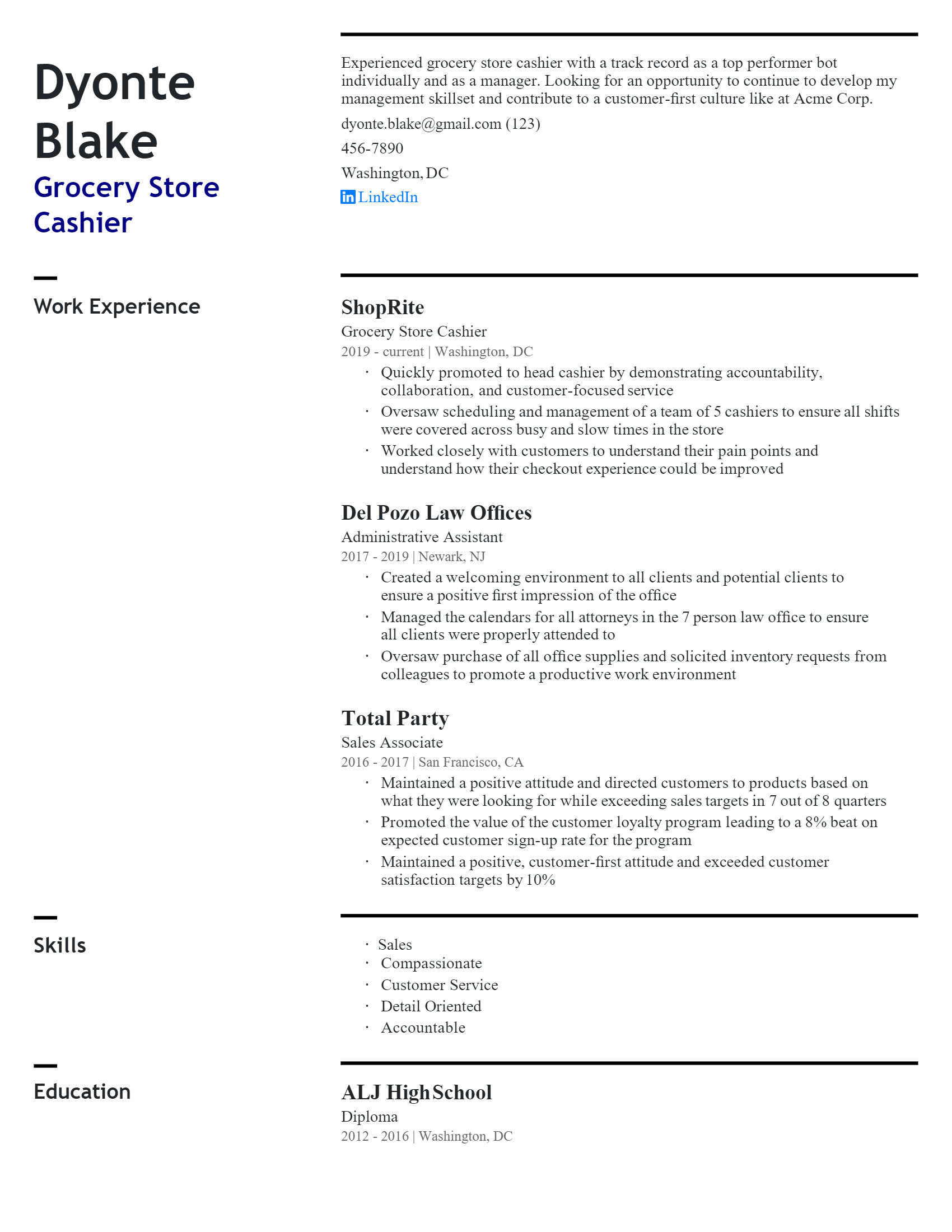 Grocery Store Cashier Resume .Docx (Word)