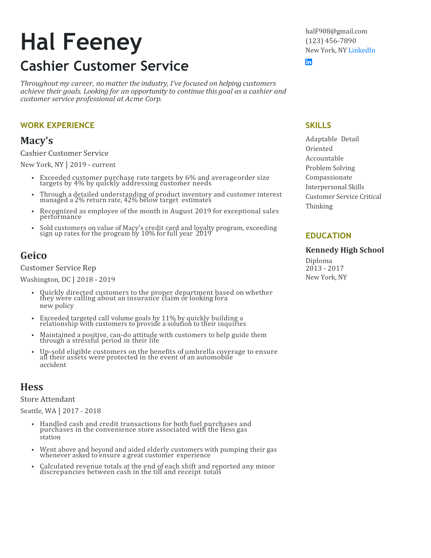 Cashier Customer Service Resume .Docx (Word)