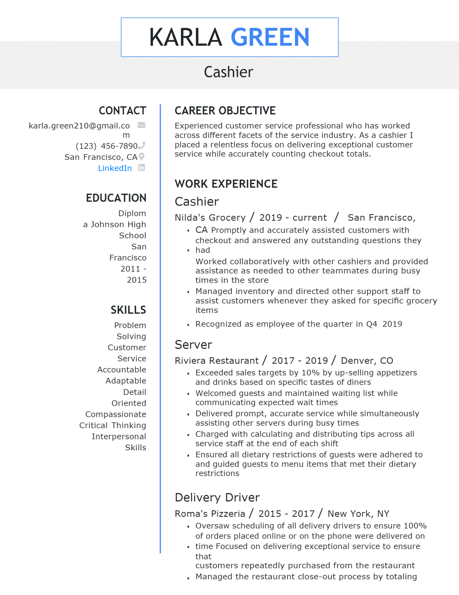 resume format for cashier fresher