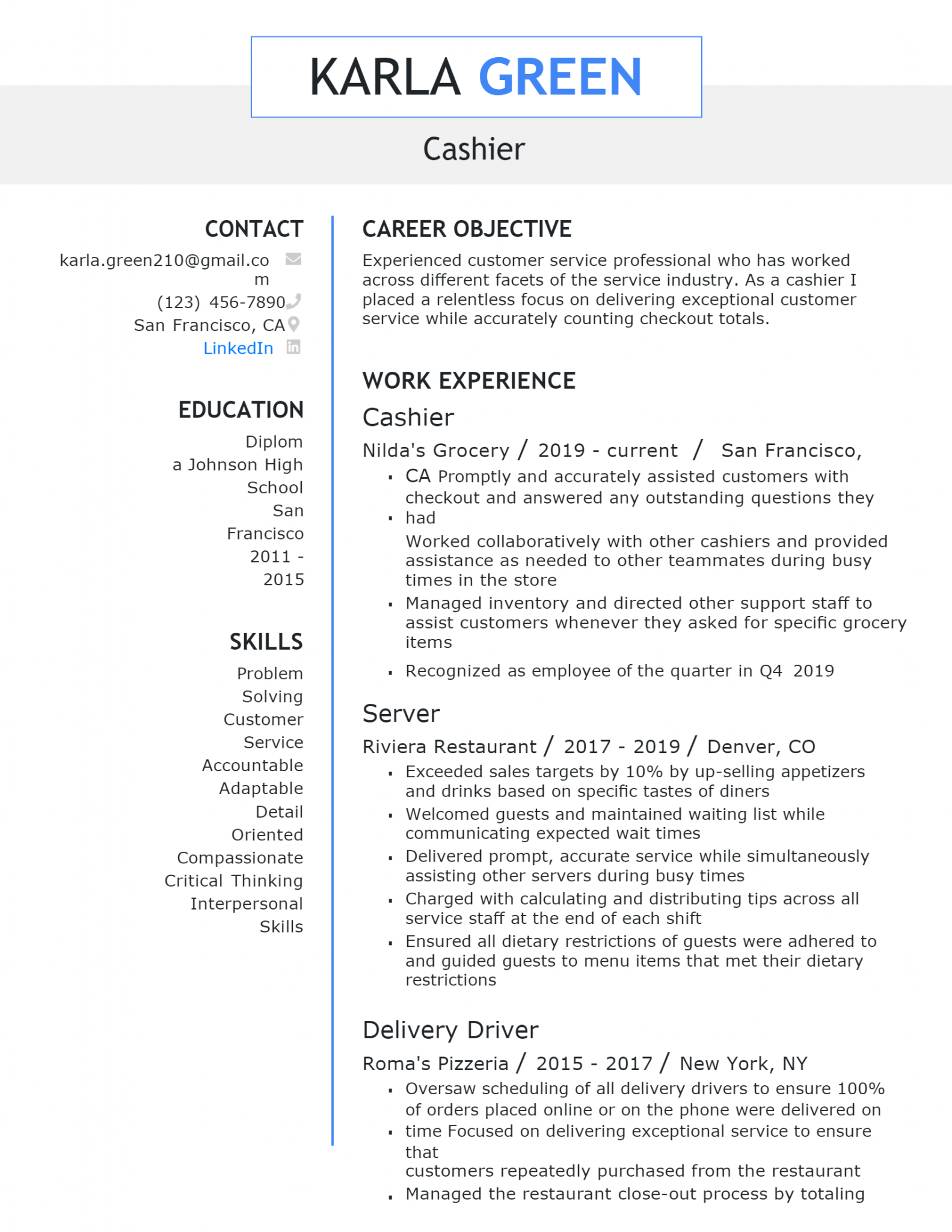 Download Free Cashier Resume Docx Word Template On ResumeThatWorks