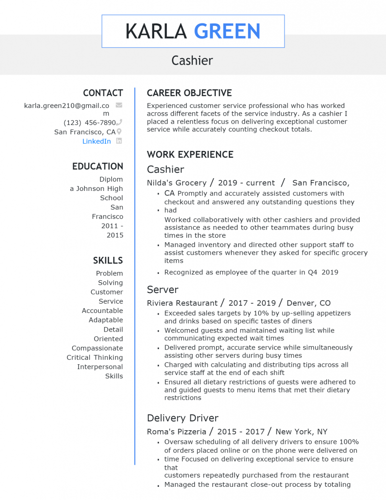 Cashier Resume .Docx (Word)