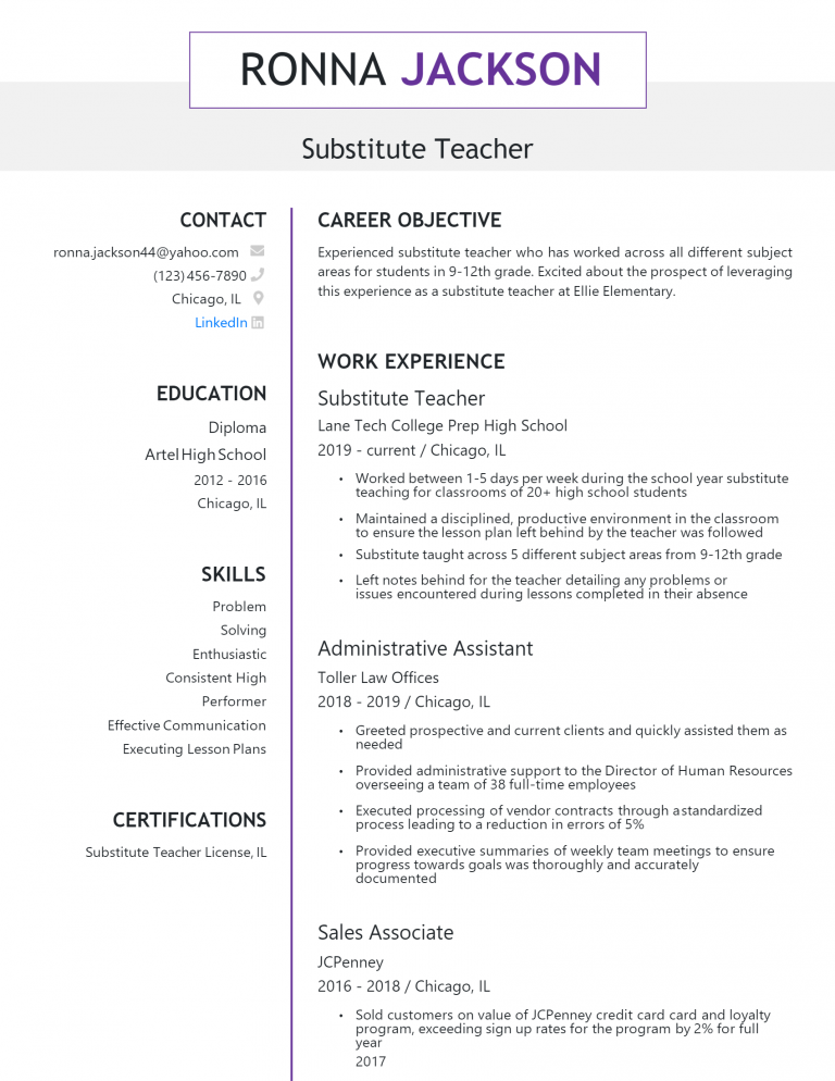 Download Free Substitute Teacher Resume .Docx (Word) Template on ...