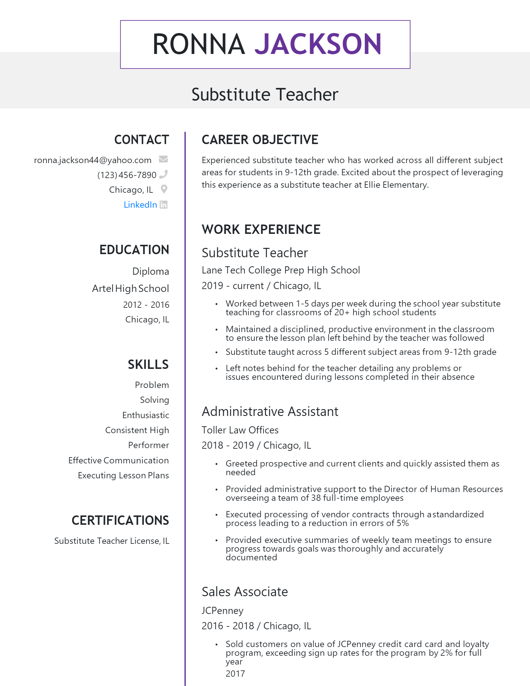 resume for substitute teaching position
