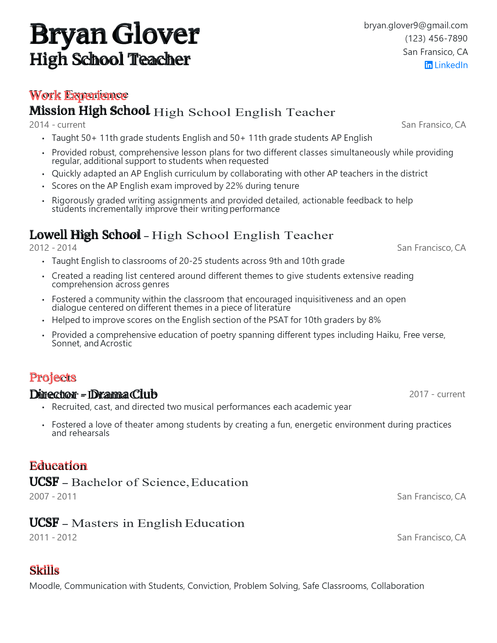 High School Teacher Resume .Docx (Word)