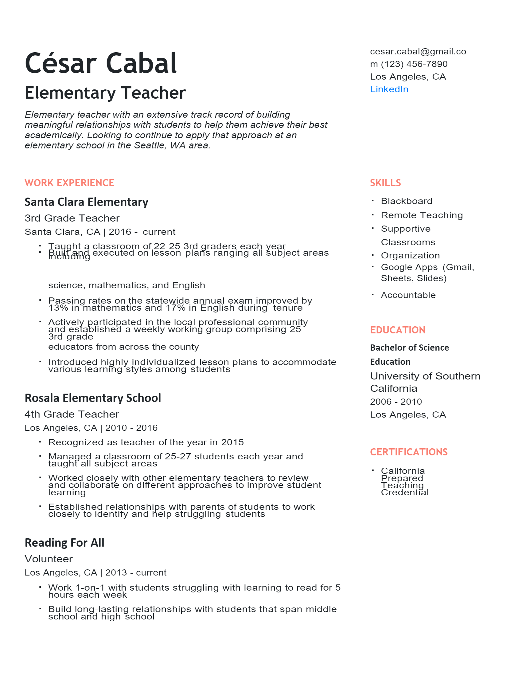Elementary Teacher Resume .Docx (Word)