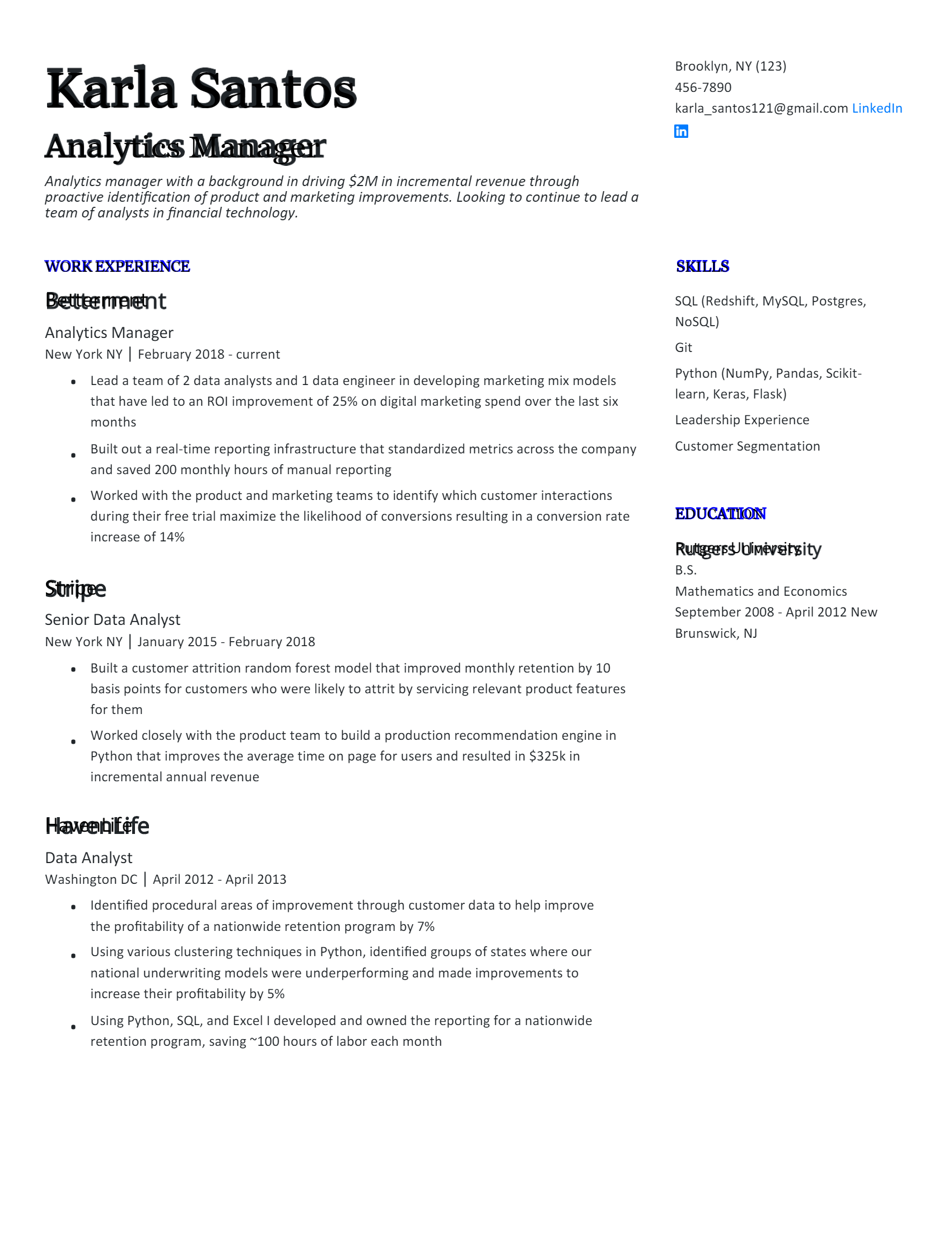 Analytics Manager Resume .Docx (Word)