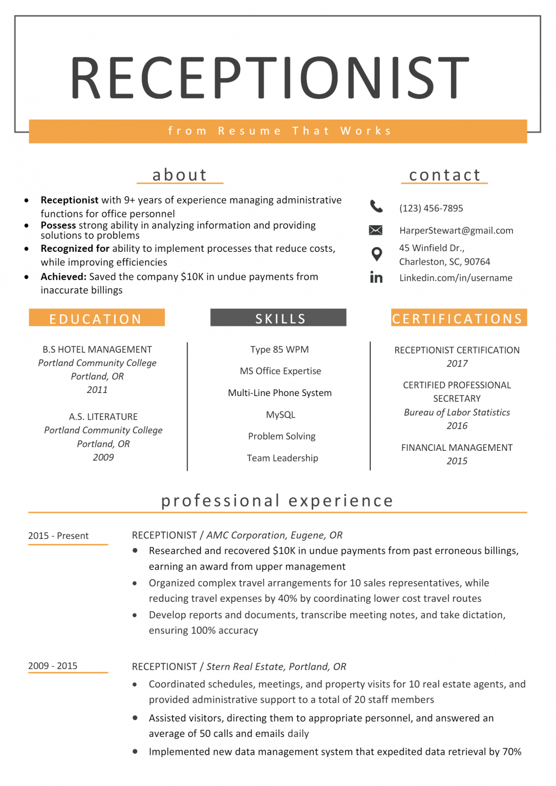 sample resume for a receptionist