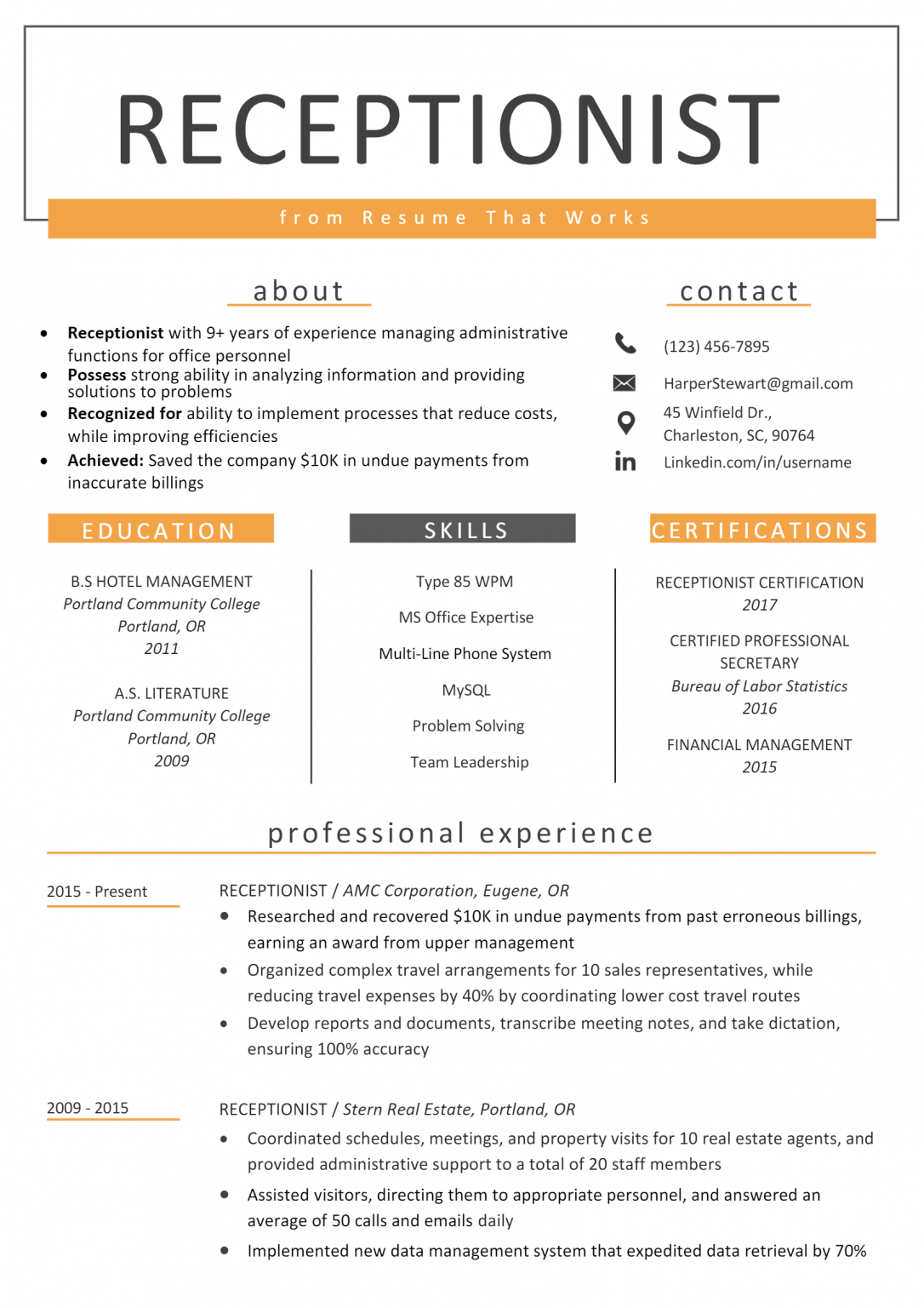 sample resume for receptionist fresher