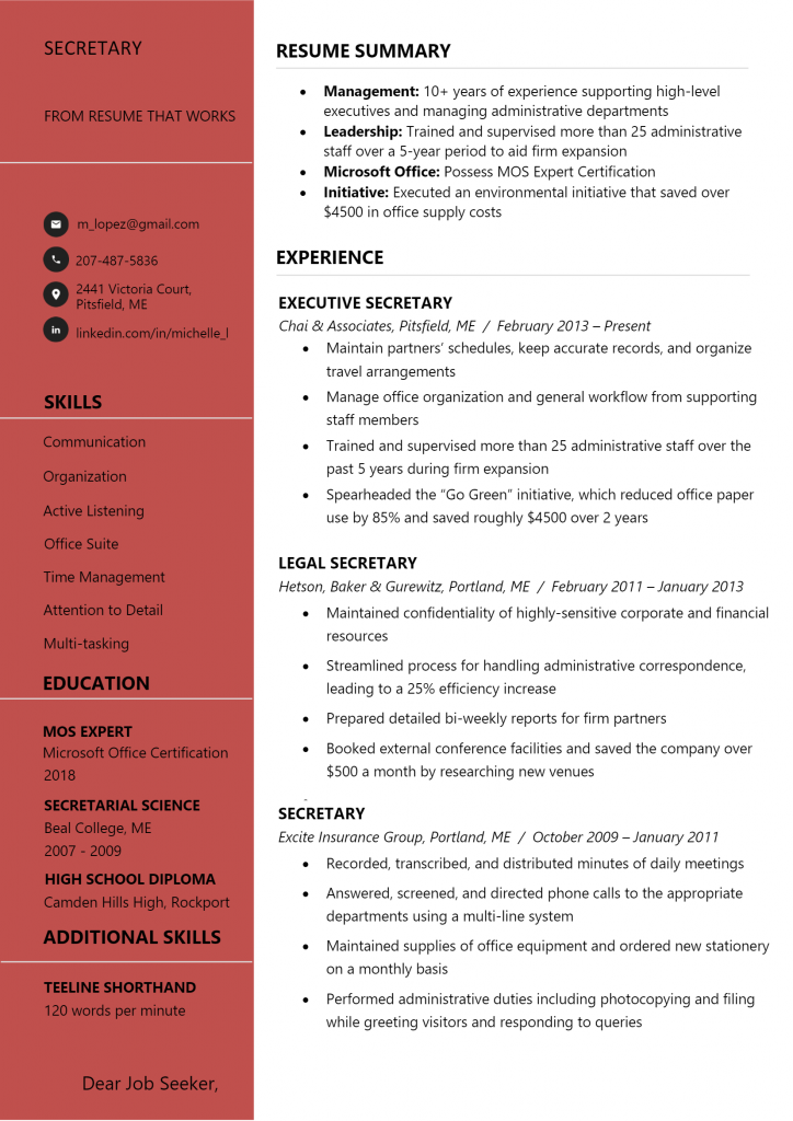 Secretary Resume .Docx (Word)