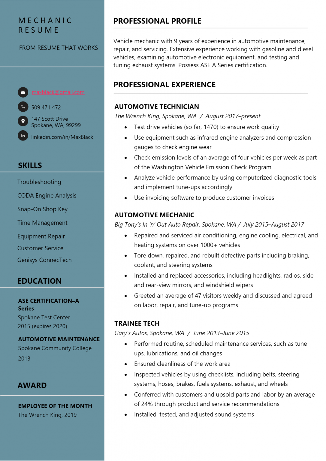 Download Free Mechanic Resume .Docx (Word) Template on ResumeThatWorks.com