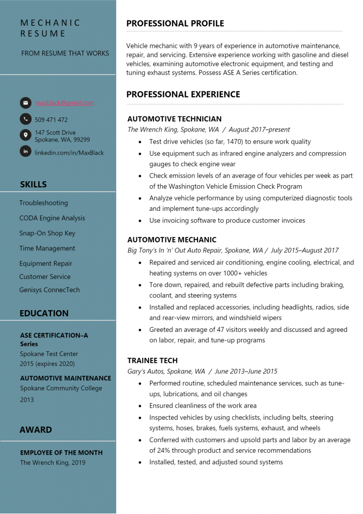 Mechanic Resume .Docx (Word)