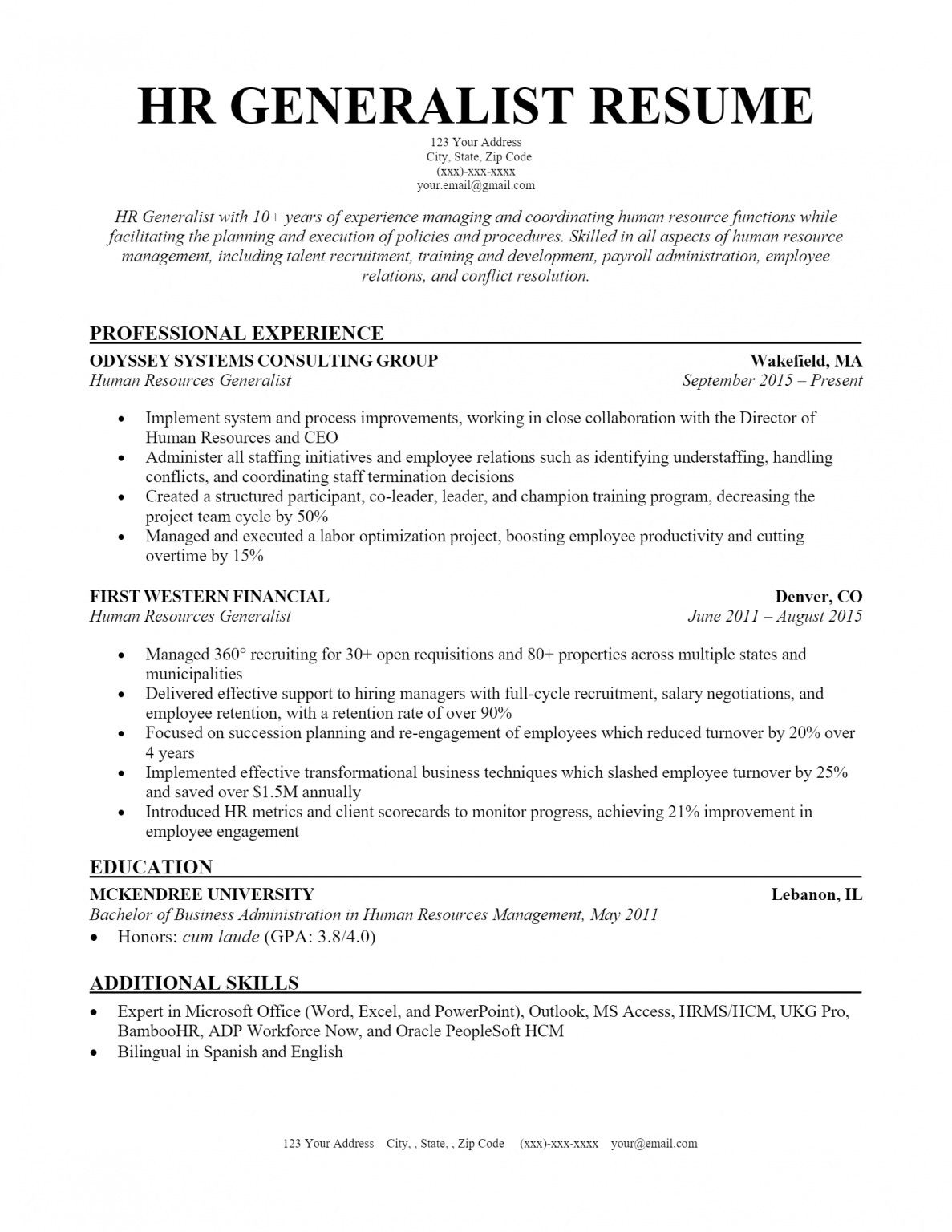 hr generalist resume format in word