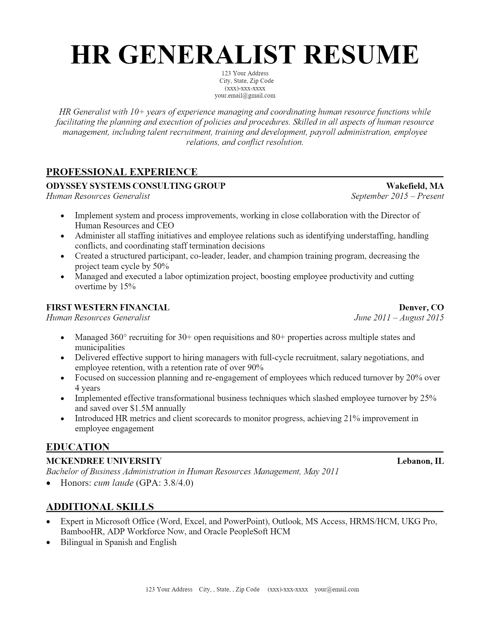 resume summary for human resources generalist