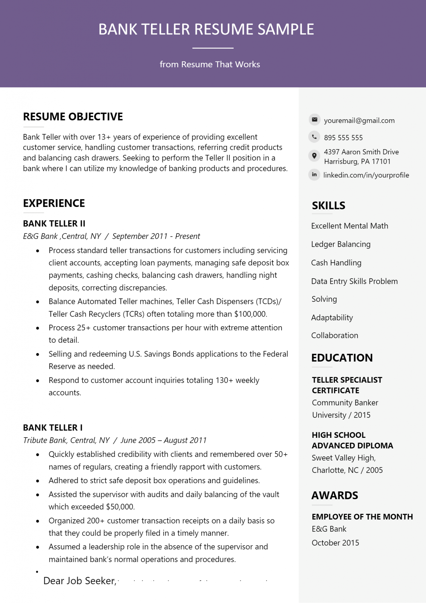 Download Free Bank Teller Resume Docx Word Docx Word Template On 9263