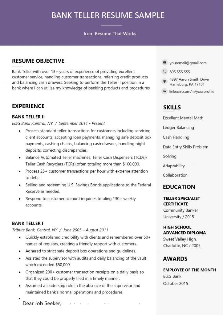 Bank Teller Resume .Docx (Word) .Docx (Word)