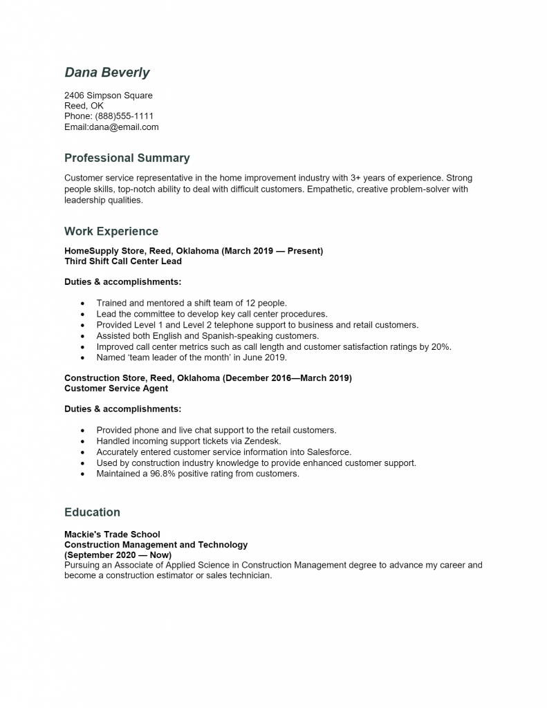 Call Center Agent Resume .Docx (Word)