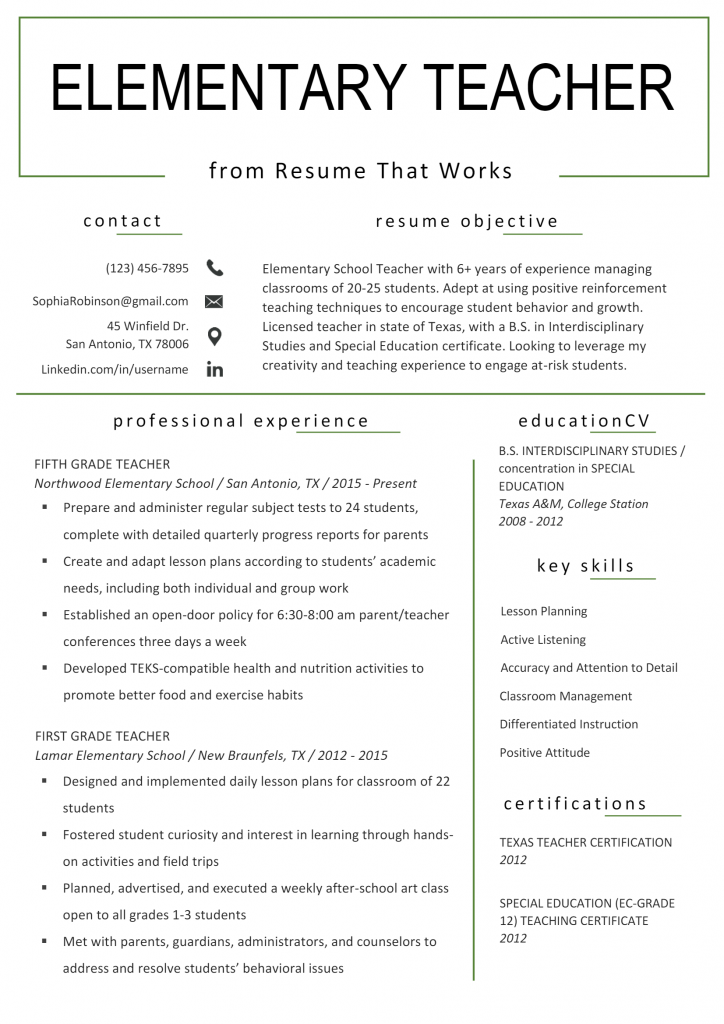 Elementary School Teacher Resume .Docx (Word)